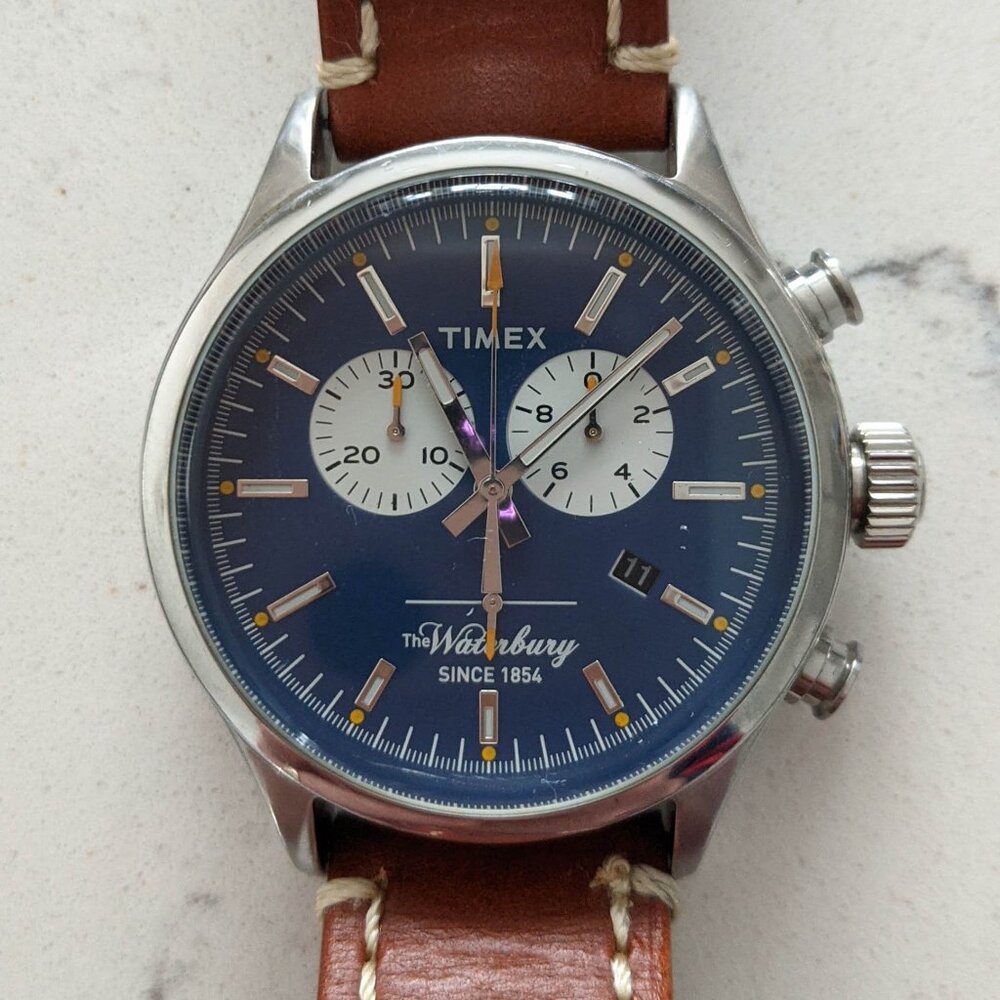 RARE Timex Waterbury Chronograph TW2P75400 navy dial white orange hands 42mm